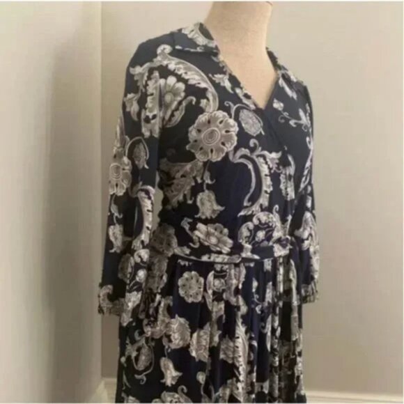 Talbots Silk Blend Faux Wrap Print Blue and Gray Dress Size 6P - Picture 2 of 6